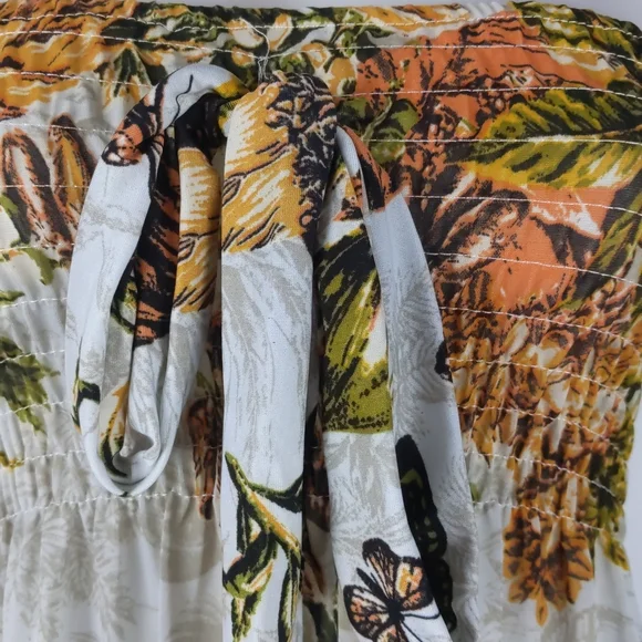 Women's Dress Size Med Cream Orange Butterflies Shirring Maxi High Low Hem Bow - Picture 4 of 10